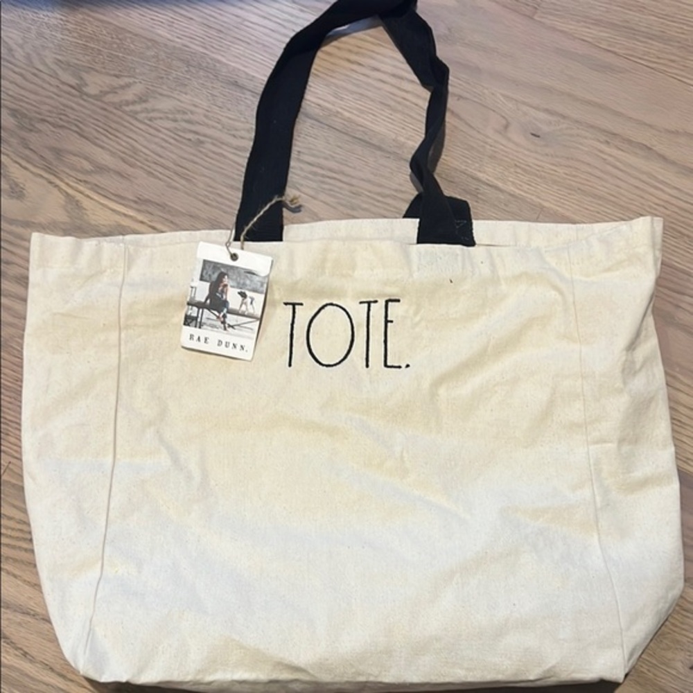 Rae Dunn Cream Tote Bag with Black Handles NWT